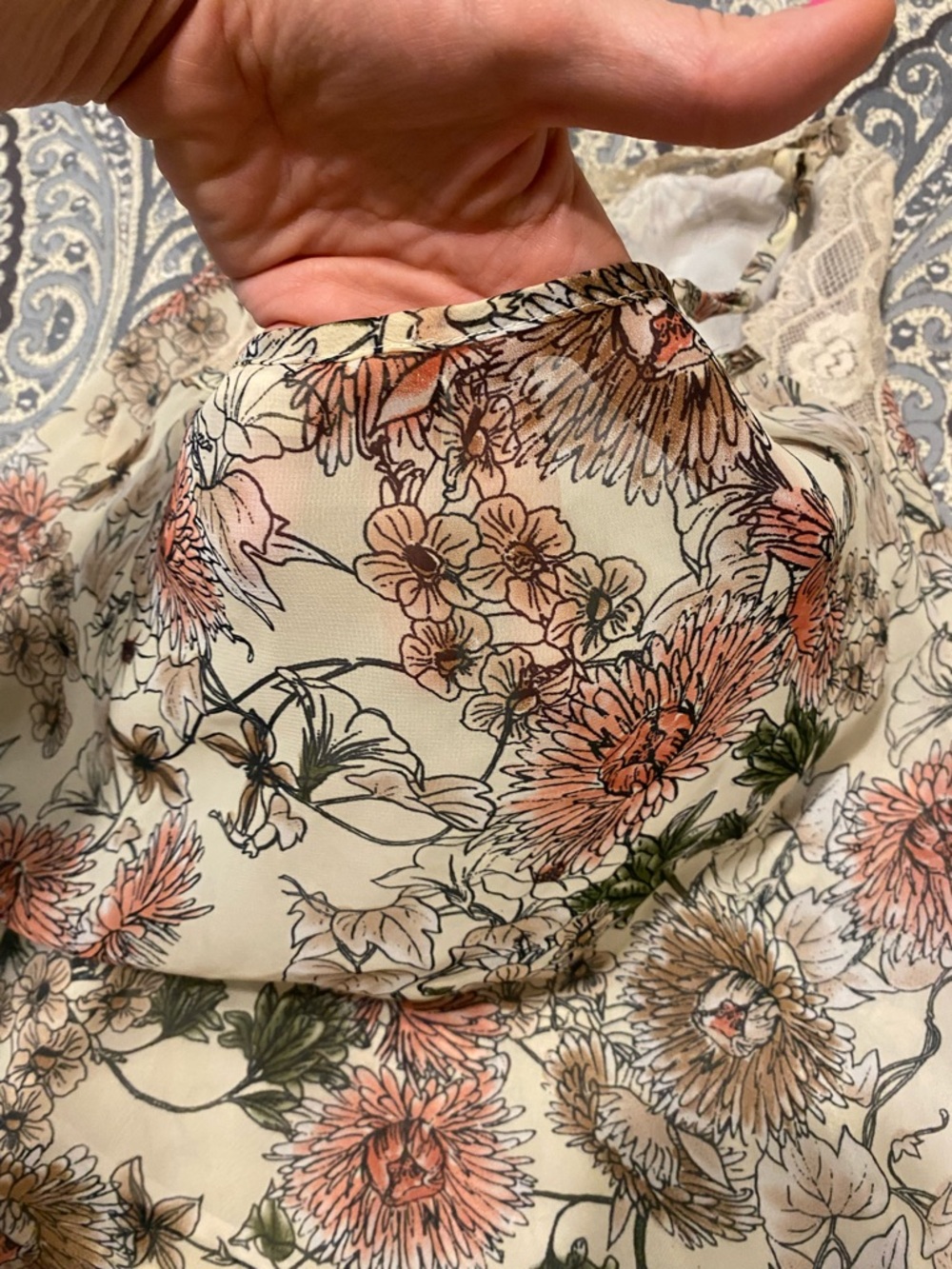 Floral Lace-Trim Cami Tank Top - Cream with Pink & Green Floral Print - Picture 5 of 5